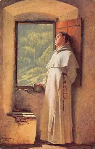 A146 Gemälde signiert Zisterziensermönch schaut aus dem Fenster Vintage Postkarte