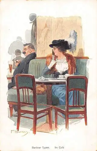 A145 Deutschland Berliner Typen Cafe Elegante Frau signiert F Bersch Postkarte