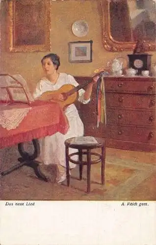 A145 Gemälde Das Neue Lied Ein Reich Juwel Frau spielt Gitarre Vintage Postkarte