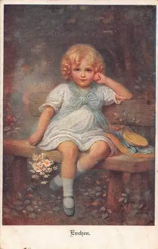 A146 Künstlerkarte Kleines Mädchen sitzt auf Bank Gänseblümchen Blumen Vintage Postkarte