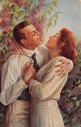 A146 Gemälde signiert A von Riesen Romantik Liebe im Frühling Paar Vintage Postkarte