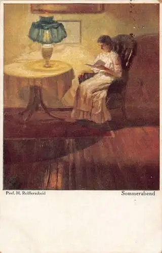 A145 Gemälde 1918 Sommerabend Frau liest signiert H Reifferscheid Postkarte