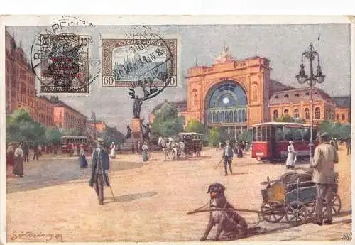 L041 Ungarn 1931 Budapest Ostbahnhof Straßenbahn Hundewagen Vintage Postkarte