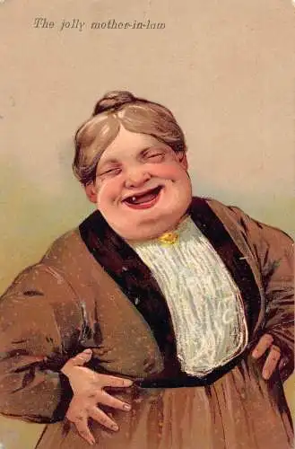 L043 Die fröhliche Schwiegermutter 1906 Humor geprägte Vintage Postkarte
