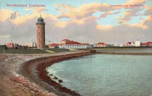 A168 Deutschland 1910 Nordseebad Cuxhaven Leuchtturm See Pavillon Vintage Postkarte