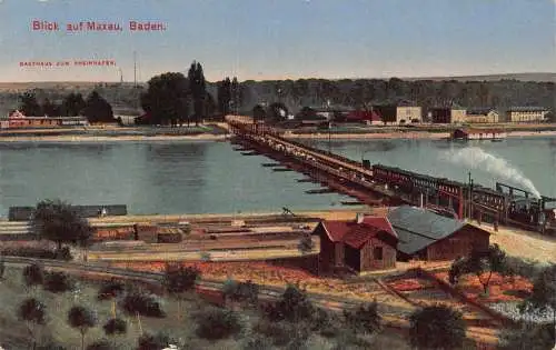 A167 Deutschland 1921 Blick aud Maxau Baden Dampfbahn Brücke Gästehaus Postkarte