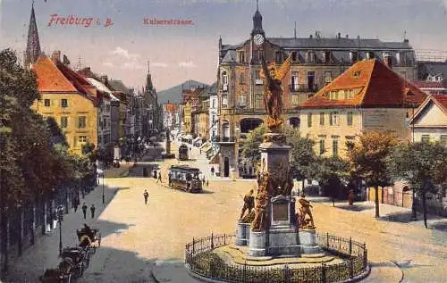A167 Deutschland 1921 Freiburg i B Kaiserstraße Straße Statue Straßenbahn Postkarte