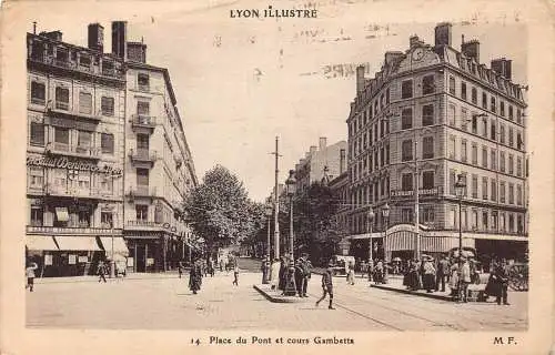 C052 Frankreich Lyon Place du Pont et cours Gambetta 1934 Vintage Postkarte