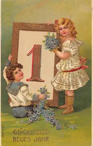 L392 Neujahrsgrüße 1908 Kinder Blumen Glück Prägepostkarte