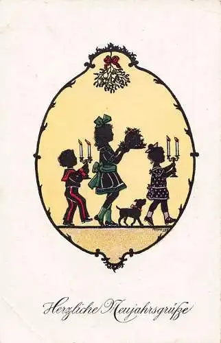 L392 Neujahrsgrüße Silhouette Kinder Hund signiert Vintage Postkarte