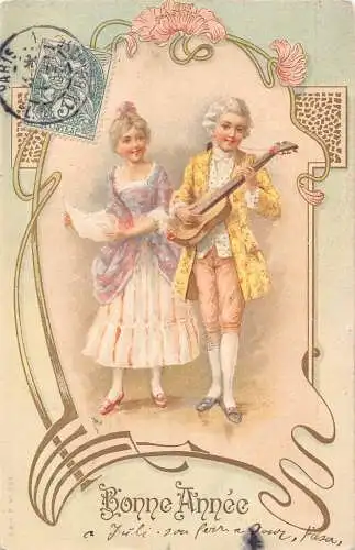 L392 Neujahrsgrüße 1907 Kinder Gitarre Jugendstil Vintage Postkarte