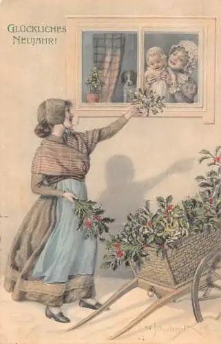 L392 Neujahrsgrüße 1910 Dame Mistelzweig Kinder Glück Vintage Postkarte