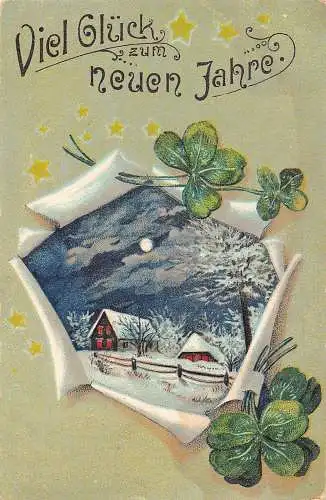 L392 Neujahrsgrüße 1906 Winterlandschaft Kleeblatt Glück Prägepostkarte