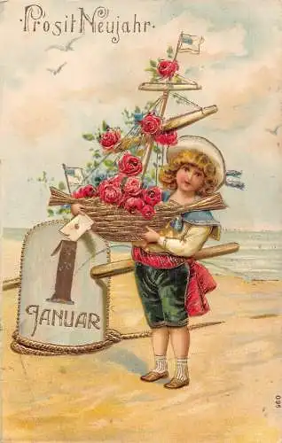 L392 Neujahrsgrüße 1906 Junge Rosen Schiff Glück Prägepostkarte