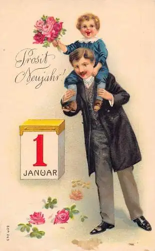 L392 Neujahrsgrüße 1908 Vater Sohn Rosen Glück Prägepostkarte