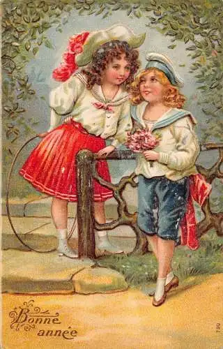 L392 Neujahrsgrüße Kinder flirten geprägte Postkarte