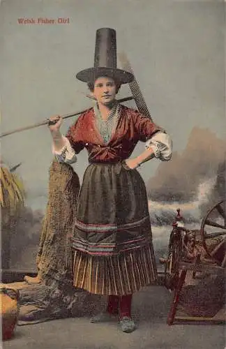 A981 Walisisches Fischer Bauernmädchen in traditioneller Tracht Volkskultur 1907 Postkarte