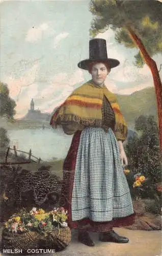 A981 Walisisches Mädchen in traditioneller Tracht Volkskultur Blumen Korb 1907 Postkarte