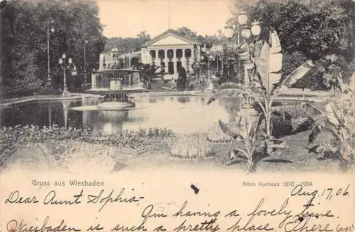 L022 Deutschland 1906 Gruss aus Wiesbadener Bäder Brunnen Vintage Postkarte