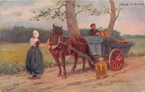 L044 Auf dem Markt Pferdekutsche signiert Gerstenhauer Ethno Vintage Postkarte