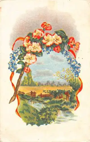 A984 Passepartout 1958 Natur Vergissmeinnicht Blumen Fluss Zaun Postkarte