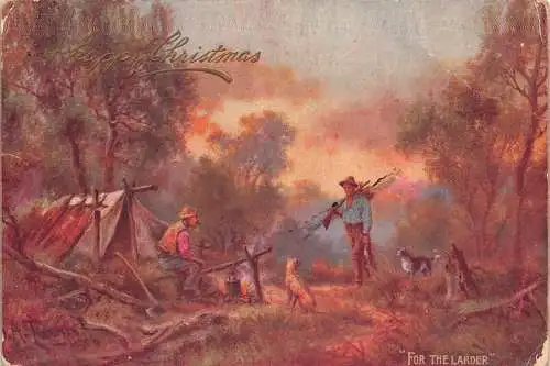 A983 Weihnachten 1907 Jägerzelt Gewehrlager im Wald Beagle Hunde Postkarte