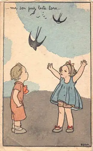 A984 Gezeichnete Kinder Mädchen und Junge spielen Schwalbenvögel 1939 Vintage Postkarte