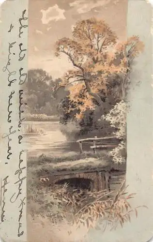 A984 Malerische Landschaft Herbst Bäume Brücke Fluss Vintage Postkarte