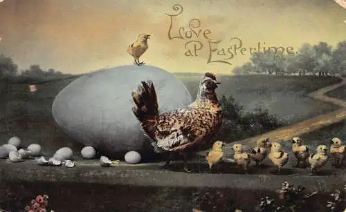 A983 Liebe zur Osterzeit Huhn und Küken Familie Riesenei Vintage Postkarte
