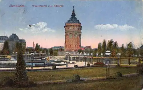 A166 Deutschland 1919 Mannheimer Wasserturm Anlagen Vintage Postkarte