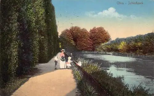 A164 Polen 1912 Oliva Oliwa Schlosspark Kinder Schwan Vintage Postkarte