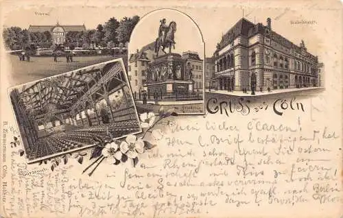 L022 Deutschland 1907 Gruss aus Köln Jugendstil Theater Statue Vintage Postkarte