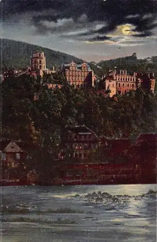 A161 Deutschland 1910 Heidelberger Schloss aus Hirschgasse Mondschein Vintage Postkarte