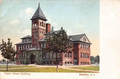 A969 US Long Island Public School Building Vintage Postkarte