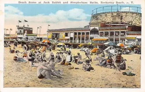 A969 US NY Rockaway Beach Scene Jack Rabbit and Steeplechase Baths Postkarte