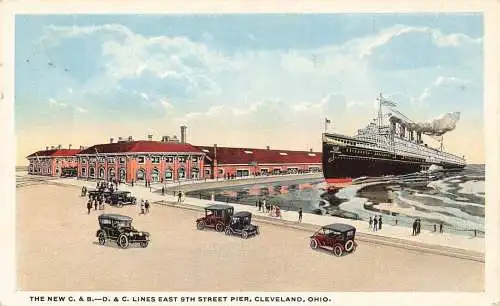 A969 US Steamboat Lines East 9th Street Pier Cleveland Ohio Autos Postkarte