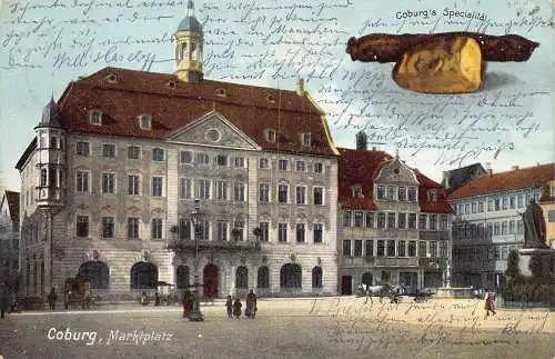 A163 Deutschland 1910 Coburger Marktplatz Spezialität Wurstkäse Postkarte