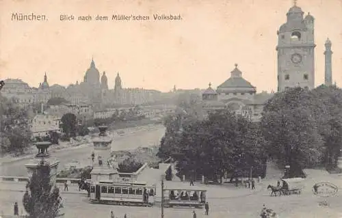 A144 Deutschland München Blick Müllerschen Volksbad Straßenbahn Kutsche Postkarte