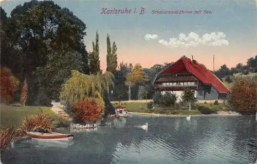 A144 Deutschland Karlsruhe i B Schwarzwaldhaus mit See Seeboot Vintage Postkarte