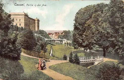 A143 Deutschland Kassel Partie in der Aue Gartenbrücken Vintage Postkarte