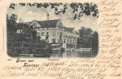 A143 Deutschland 1901 Gruss aus Konstanz Inselhotel Hotel Insel Boote Postkarte