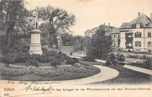A140 Deutschland 1904 Erfurt Anlagen an Pfoertchenbrücke Reichart Denkmal Postkarte