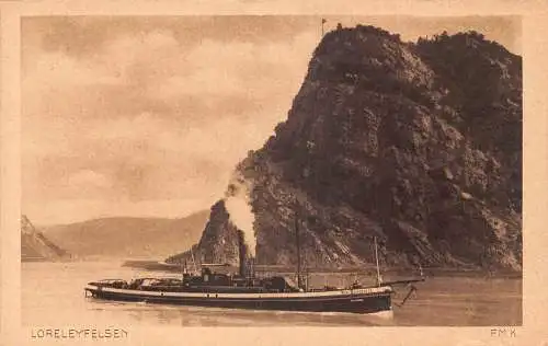 A140 Deutschland Loreleyfelsen Klippensee Dampfschiff Vintage Postkarte