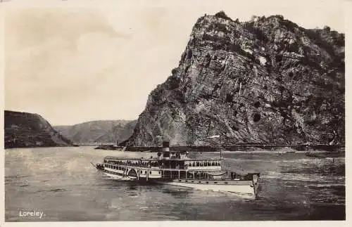 A140 Deutschland Loreley Cliff Lake Steamboat RPPC Vintage Postkarte