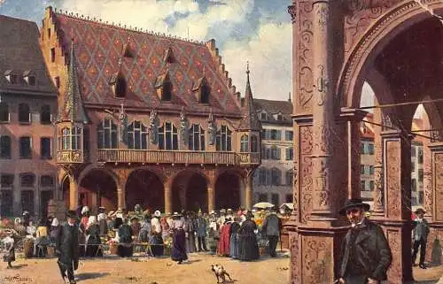 A140 Deutschland 1910 Freiburg i Br Münsterplatz Kaufhaus Vintage Postkarte