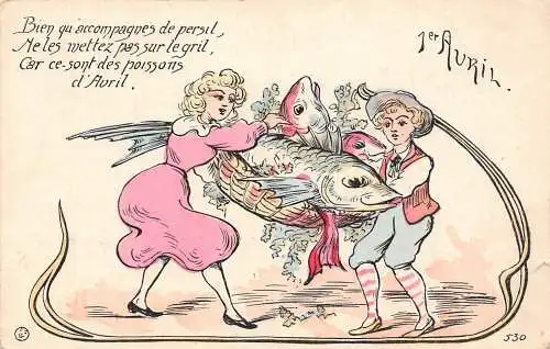L102 Narrentag 1. April Fischkorb Kinder Vintage Postkarte