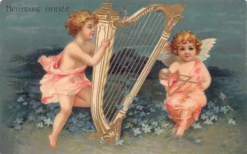 L102 Neujahr 1907 Engel spielt Harfe Cherub Blumen geprägt Vintage Postkarte