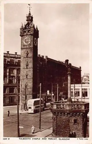 L233 Schottland Tolbooth Steeple und Mercat Glasgow Doppeldecker RPPC Postkarte