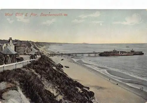 L233 England Bournemouth West Cliff and Pier Steamboat Vintage Postkarte