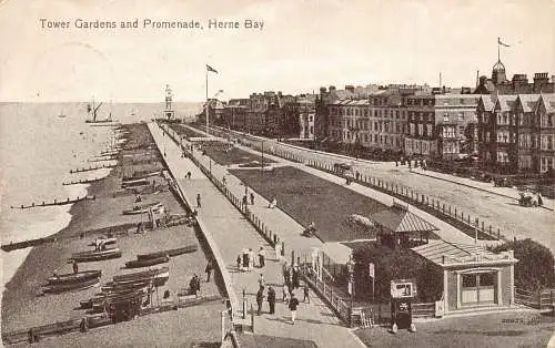 L234 England 1921 Herne Bay Tower Garden and Promenade Boats Vintage Postkarte